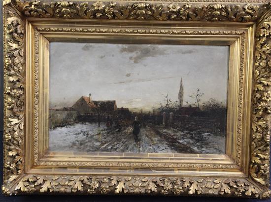 Anton Windmaier (1840-1896) Figures on a street in winter 14 x 23in.